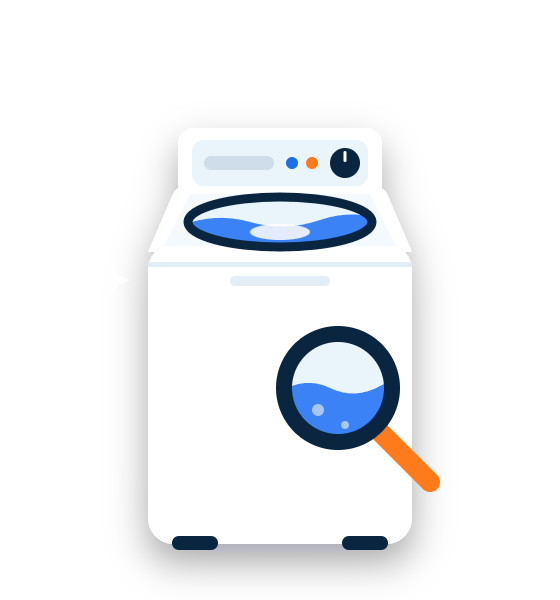 رسم توضيحي لغسالة فوق اتوماتيك يظهر فيها الغطاء العلوي والحوض مع عدسة فحص، بألوان فيكس للغسالات